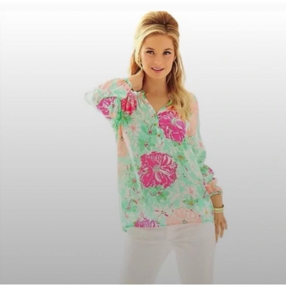 Lilly Pulitzer Poolside Blue Beach Walk Elsa 100% Silk Top Size S # 2561